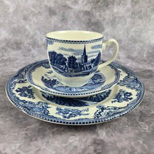 Johnson Bros England Blue White Porcelain 3 Piece Set Cup Saucer Luncheon Plate